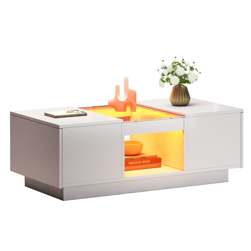 Mesa de centro com LED - 2 gavetas e 1 compartimento aberto - Branco Mesa de centro com LED - 2 gavetas e 1 compartimento aberto - Branco