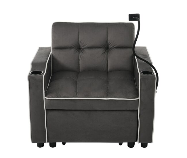 Sillón retráctil de terciopelo - con portavasos + soporte para teléfono móvil - gris