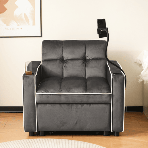 Poltrona retrátil de veludo - com suporte para copos + suporte para telemóvel - Cinzento