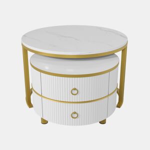 Conjunto de 2 mesas de centro com 2 gavetas - tampo com design em mármore - Ouro e Branco
