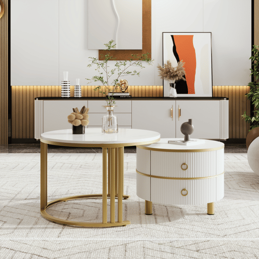 Conjunto de 2 mesas de centro com 2 gavetas - tampo com design em mármore - Ouro e Branco