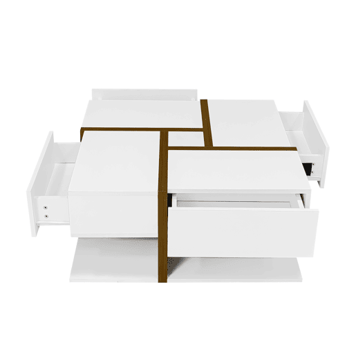 Mesa de centro - 4 gavetas - espaço de arrumação na parte inferior - 78x78x36cm - Branco e castanho