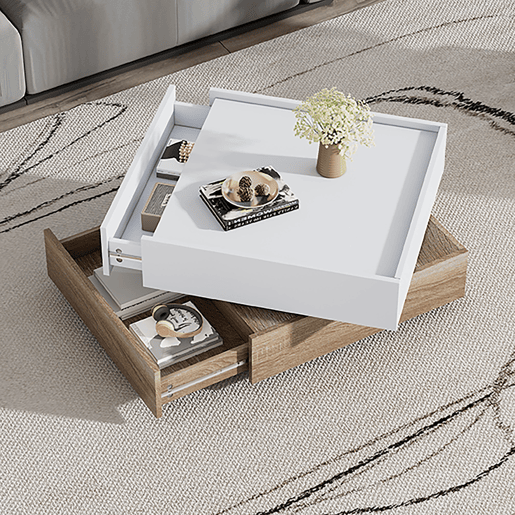 Mesa de centro quadrada com rotação de 360° - com 2 gavetas - 60x60x38 cm - Branco e Natural