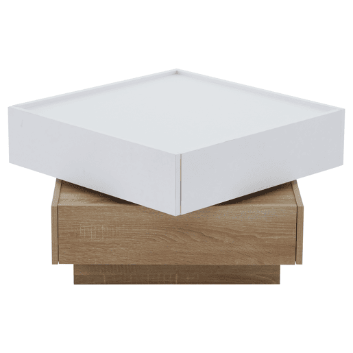 Mesa de centro quadrada com rotação de 360° - com 2 gavetas - 60x60x38 cm - Branco e Natural