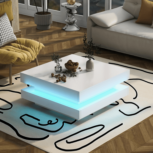 Mesa de centro contemporânea com LED em 16 cores - forma quadrada - Branco Mesa de centro contemporânea com LED em 16 cores - forma quadrada - Branco