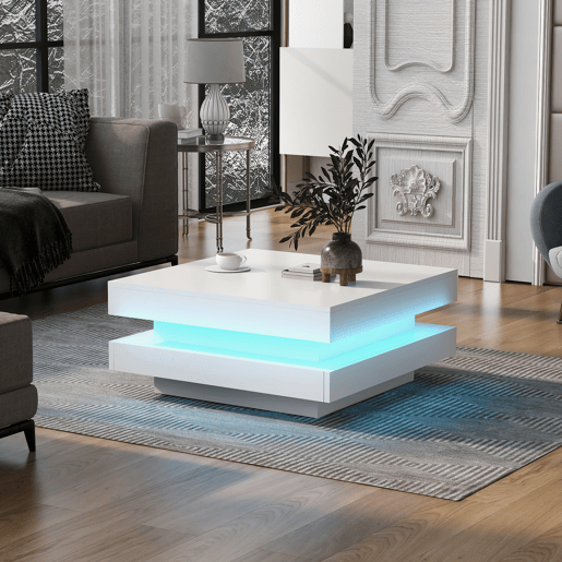 Mesa de centro contemporânea com LED em 16 cores - forma quadrada - Branco Mesa de centro contemporânea com LED em 16 cores - forma quadrada - Branco