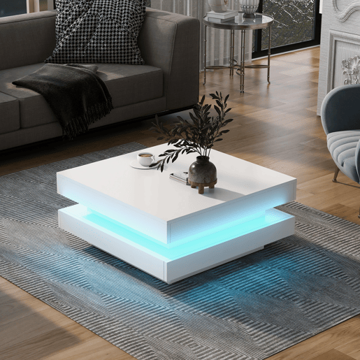Mesa de centro contemporânea com LED em 16 cores - forma quadrada - Branco Mesa de centro contemporânea com LED em 16 cores - forma quadrada - Branco