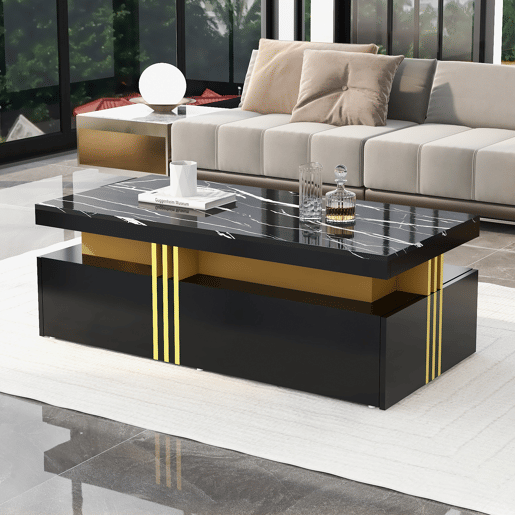 Mesa de centro com 2 gavetas - tampo com padrão de mármore - estilo escandinavo - Preto