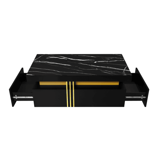 Mesa de centro com 2 gavetas - tampo com padrão de mármore - estilo escandinavo - Preto