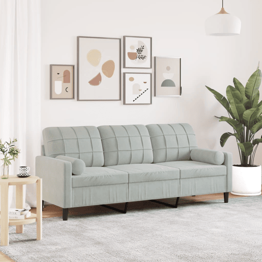 Sofá 3 lugares - Sofá fixo + almofadas decorativas 180cm veludo cinza-claro