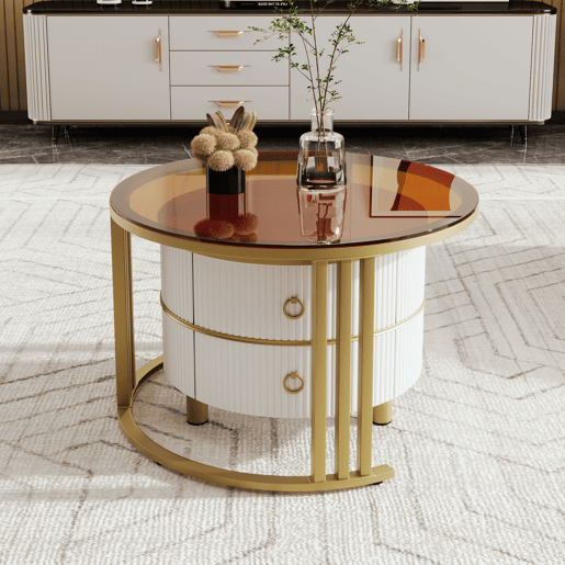 Conjunto de 2 mesas de centro com 2 gavetas - Tampo de vidro temperado castanho - Branco