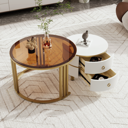 Conjunto de 2 mesas de centro com 2 gavetas - Tampo de vidro temperado castanho - Branco