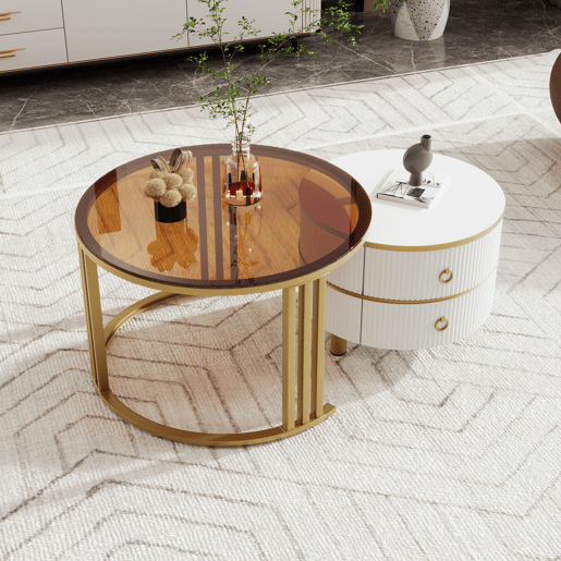 Conjunto de 2 mesas de centro com 2 gavetas - Tampo de vidro temperado castanho - Branco