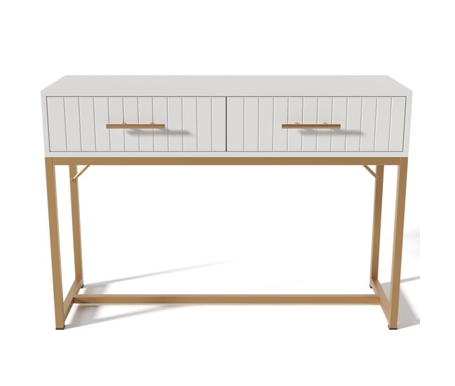 Tocador decorado con rayas verticales - al. 75 cm - con 2 cajones y base de metal - blanco