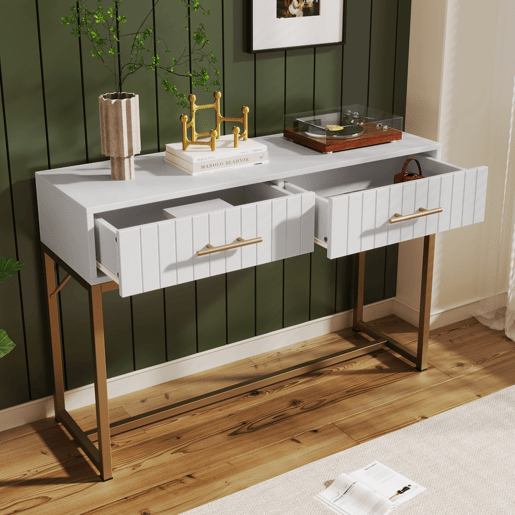 Toucador decorado com riscas verticais - H. 75 cm - com 2 gavetas e base metálica - Branco