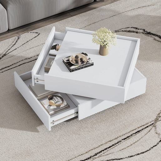 Mesa de centro quadrada com rotação de 360° - com 2 gavetas - 60x60x38 cm - Branco Mesa de centro quadrada com rotação de 360° - com 2 gavetas - 60x60x38 cm - Branco