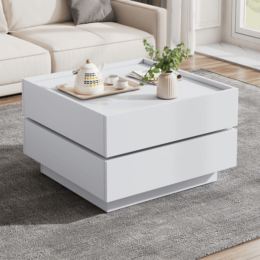 Mesa de centro quadrada com rotação de 360° - com 2 gavetas - 60x60x38 cm - Branco Mesa de centro quadrada com rotação de 360° - com 2 gavetas - 60x60x38 cm - Branco
