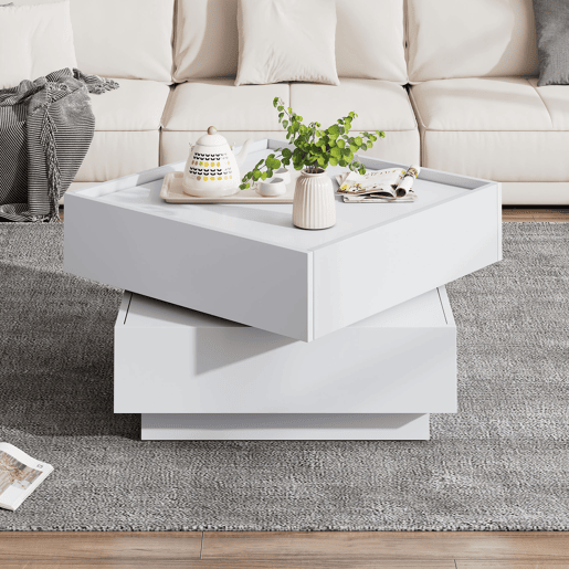 Mesa de centro quadrada com rotação de 360° - com 2 gavetas - 60x60x38 cm - Branco Mesa de centro quadrada com rotação de 360° - com 2 gavetas - 60x60x38 cm - Branco