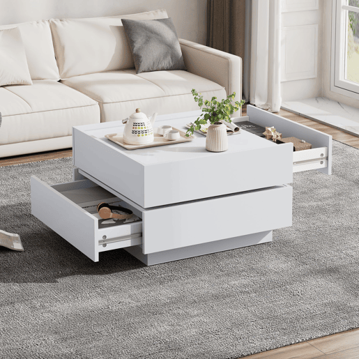 Mesa de centro quadrada com rotação de 360° - com 2 gavetas - 60x60x38 cm - Branco Mesa de centro quadrada com rotação de 360° - com 2 gavetas - 60x60x38 cm - Branco