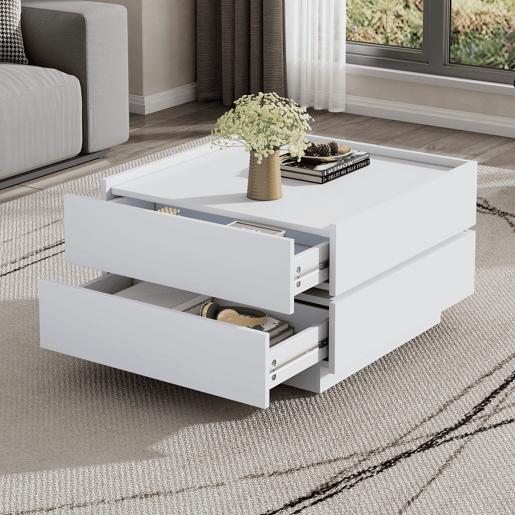 Mesa de centro quadrada com rotação de 360° - com 2 gavetas - 60x60x38 cm - Branco Mesa de centro quadrada com rotação de 360° - com 2 gavetas - 60x60x38 cm - Branco