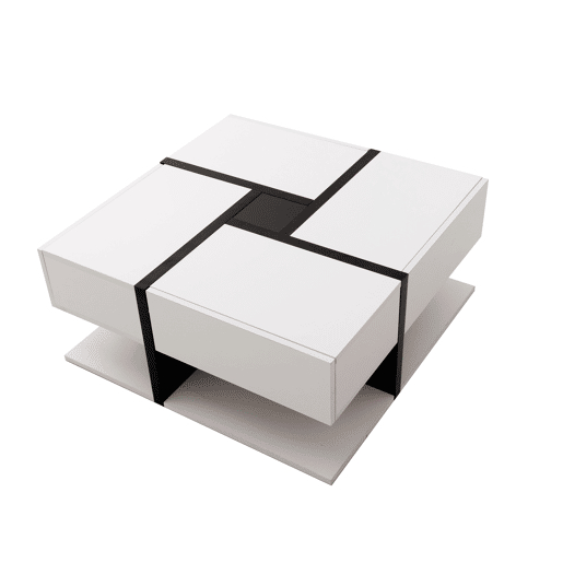 Mesa de centro - 4 gavetas - espaço de arrumação na parte inferior - 78x78x36cm - Preto e branco