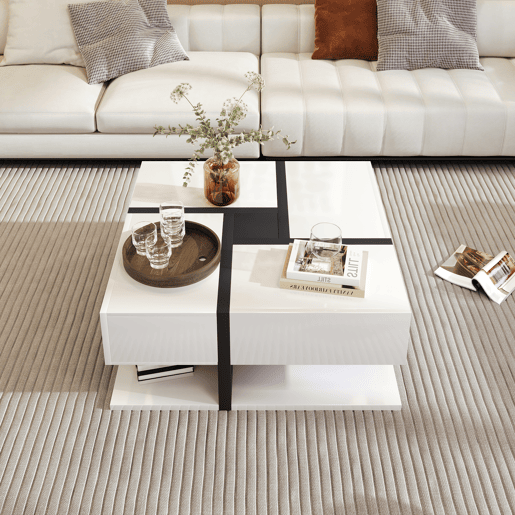 Mesa de centro - 4 gavetas - espaço de arrumação na parte inferior - 78x78x36cm - Preto e branco