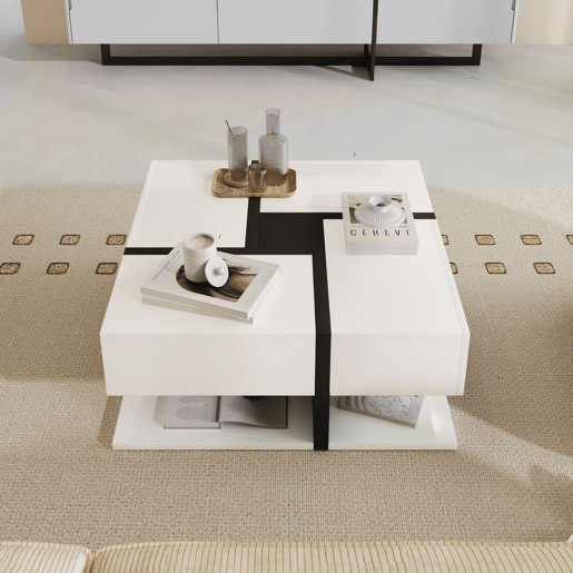 Mesa de centro - 4 gavetas - espaço de arrumação na parte inferior - 78x78x36cm - Preto e branco