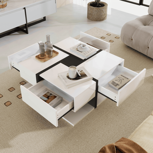 Mesa de centro - 4 gavetas - espaço de arrumação na parte inferior - 78x78x36cm - Preto e branco