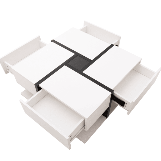 Mesa de centro - 4 gavetas - espaço de arrumação na parte inferior - 78x78x36cm - Preto e branco
