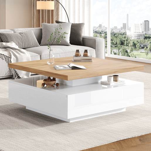 Mesa de centro quadrada com rotação de 360° - 70x70x36 cm - com 1 gaveta - Branco e Natural Mesa de centro quadrada com rotação de 360° - 70x70x36 cm - com 1 gaveta - Branco e Natural