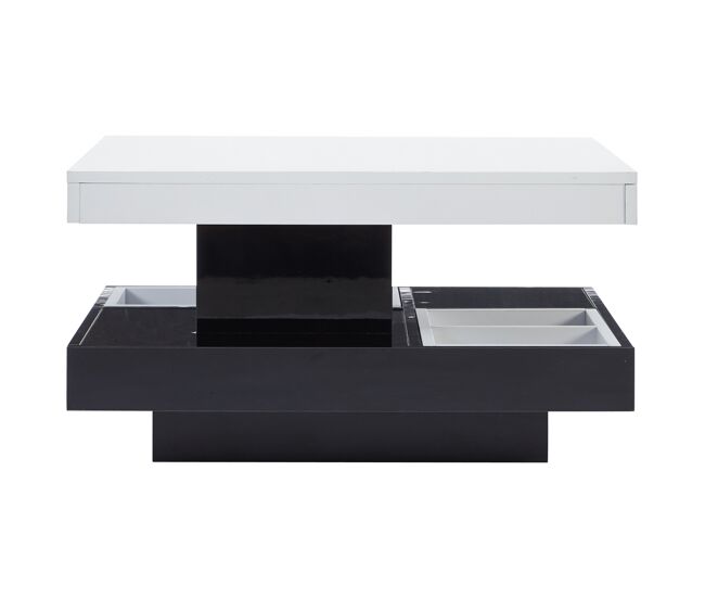 Mesa de centro con almacenamiento 70x70x36 cm - tapa brillante giratoria 360° - blanco y negro