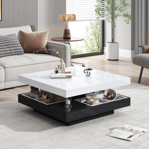 Mesa de centro com arrumação 70x70x36 cm - Tampo brilhante rotativo 360° - Preto e branco