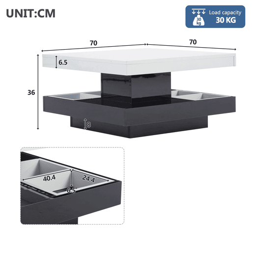 Mesa de centro com arrumação 70x70x36 cm - Tampo brilhante rotativo 360° - Preto e branco