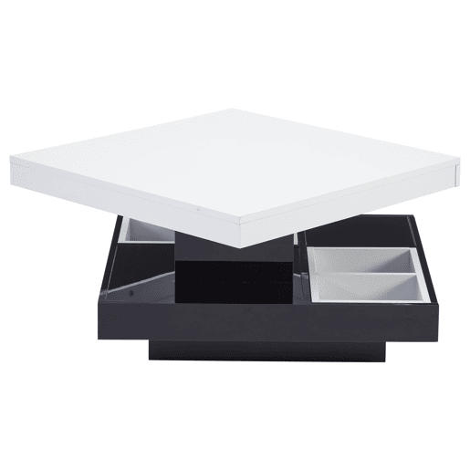 Mesa de centro com arrumação 70x70x36 cm - Tampo brilhante rotativo 360° - Preto e branco