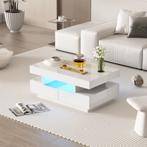 Mesa de centro com LED - acabamento brilhante - 4 gavetas à frente e atrás - Branco