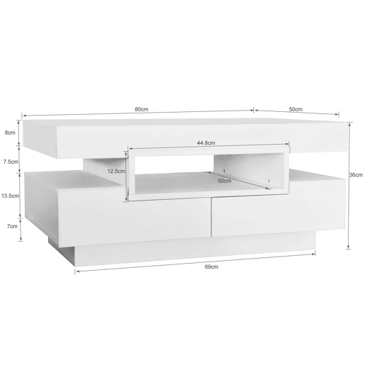 Mesa de centro com LED - acabamento brilhante - 4 gavetas à frente e atrás - Branco