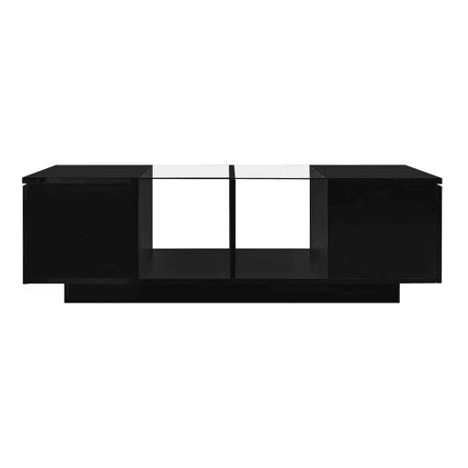 Mesa de centro com LED multicolorido - 2 portas com dobradiças e prateleira de vidro - Preto
