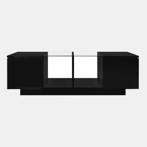 Mesa de centro com LED multicolorido - 2 portas com dobradiças e prateleira de vidro - Preto