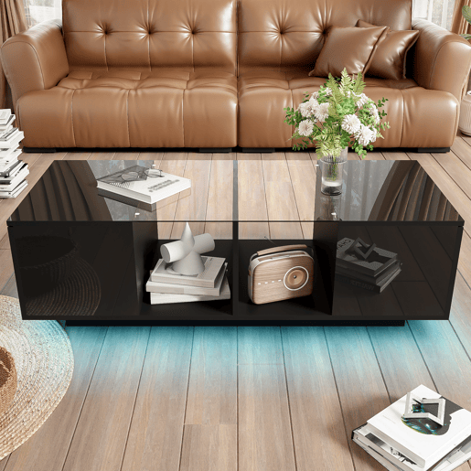 Mesa de centro com LED multicolorido - 2 portas com dobradiças e prateleira de vidro - Preto