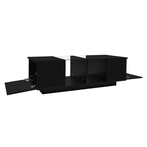 Mesa de centro com LED multicolorido - 2 portas com dobradiças e prateleira de vidro - Preto