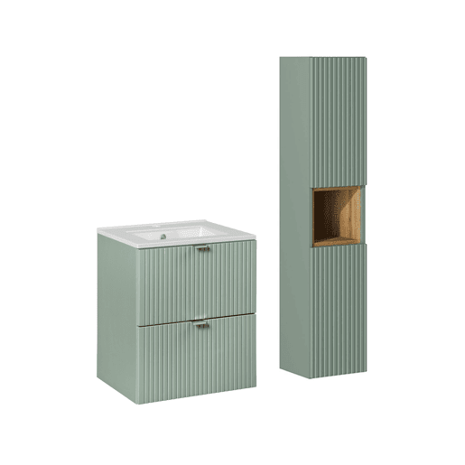 Conjunto móvel lavatório simples encastrado 50cm 2 gavetas e coluna Verde Jade e Madeira