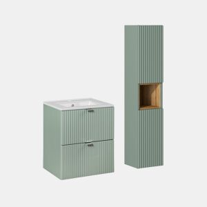 Conjunto móvel lavatório simples encastrado 50cm 2 gavetas e coluna Verde Jade e Madeira