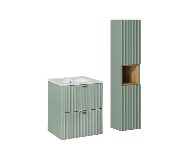 Conjunto de muebles lavabo individual encastrado 50cm 2 cajones y columna jade verde y madera