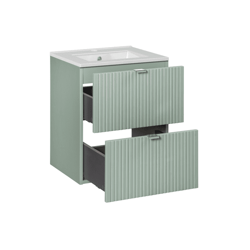 Conjunto móvel lavatório simples encastrado 50cm 2 gavetas e coluna Verde Jade e Madeira