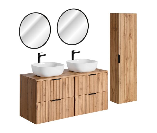 Conjunto de muebles con doble lavabo 120cm espejos led y columna adriel madera