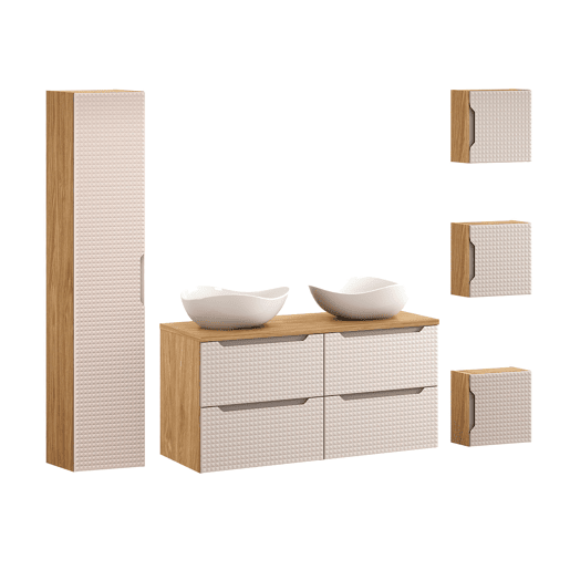 Conjunto móvel lavatório duplo 120 cm coluna e 3 armários murais Mallory Bege e madeira