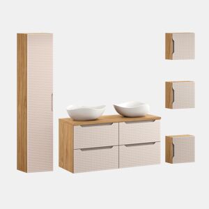 Conjunto móvel lavatório duplo 120 cm coluna e 3 armários murais Mallory Bege e madeira