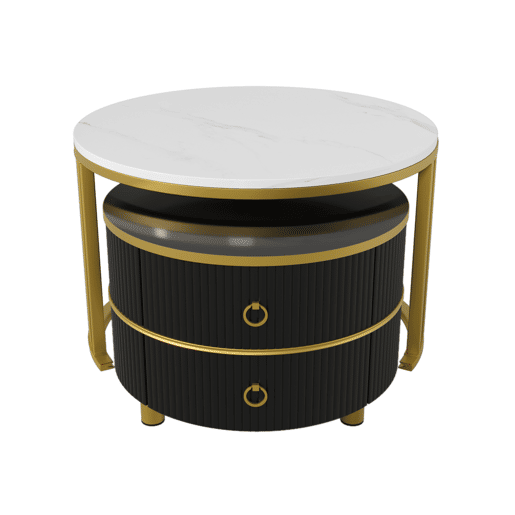 Conjunto de 2 mesas de centro com 2 gavetas - tampo com design em mármore - dourado e preto