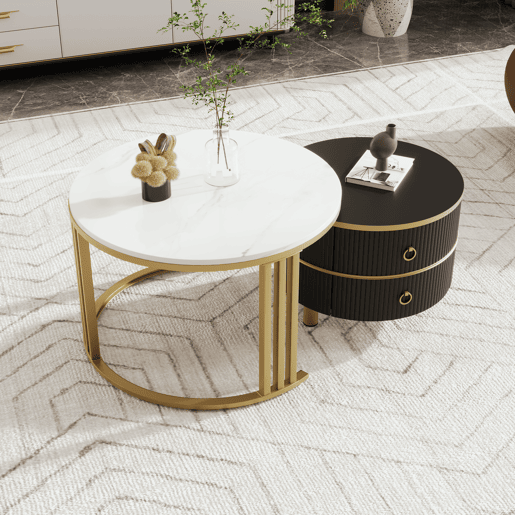 Conjunto de 2 mesas de centro com 2 gavetas - tampo com design em mármore - dourado e preto