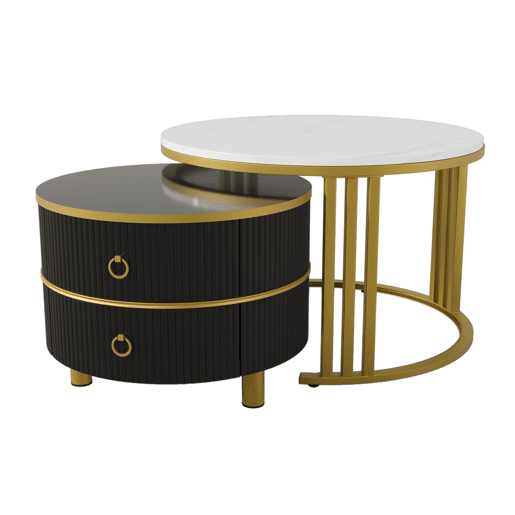 Conjunto de 2 mesas de centro com 2 gavetas - tampo com design em mármore - dourado e preto